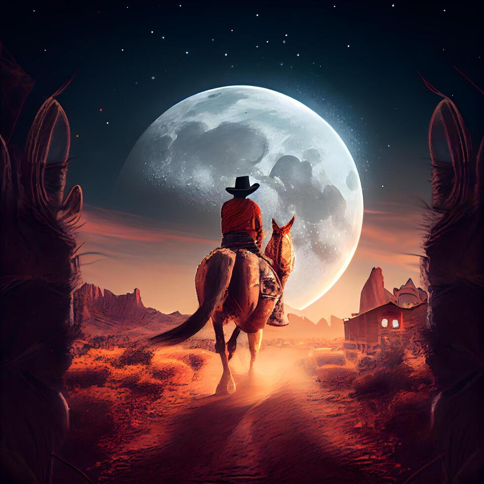 illustrazione di un' cowboy equitazione un' cavallo nel il deserto con un' pieno Luna, ai generativo Immagine foto