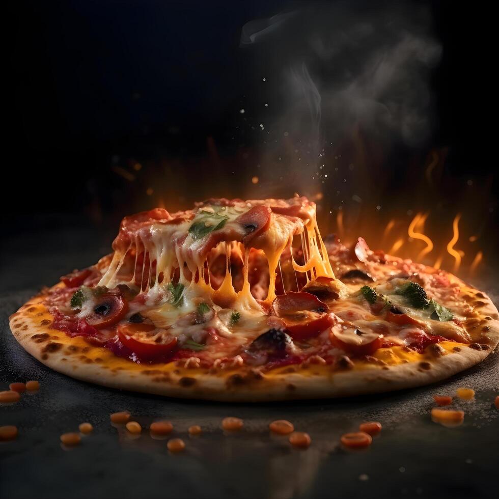 Pizza con salame e Mozzarella su un' nero sfondo, ai generativo Immagine foto