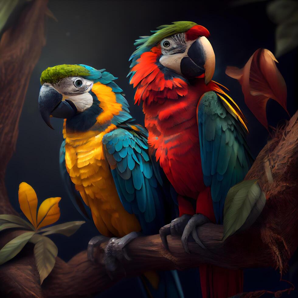 colorato ara pappagalli seduta su un' ramo nel il foresta, ai generativo Immagine foto