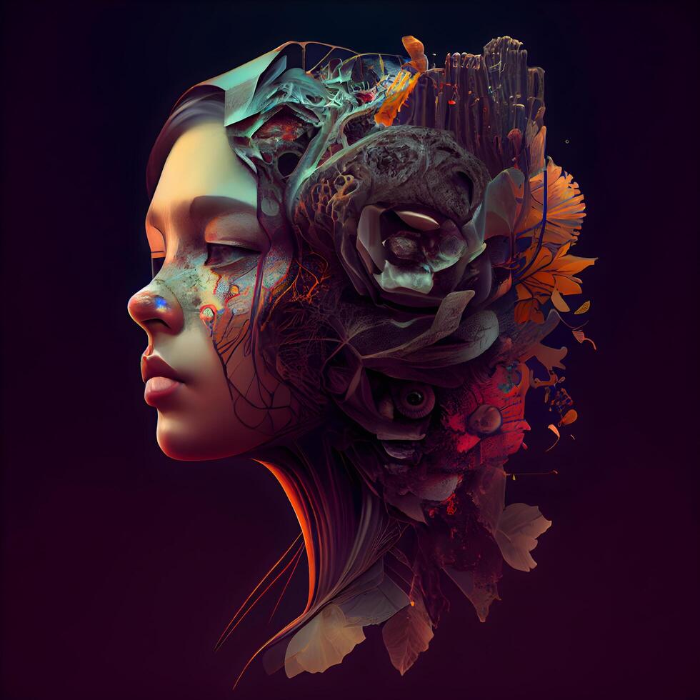 3d illustrazione di un' bellissimo ragazza con fiori nel sua capelli., ai generativo Immagine foto