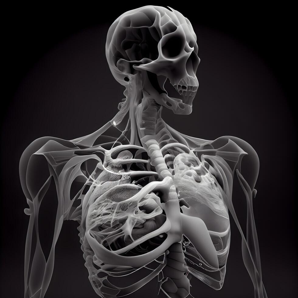 umano scheletro anatomia, 3d illustrazione, nero sfondo, ai generativo Immagine foto