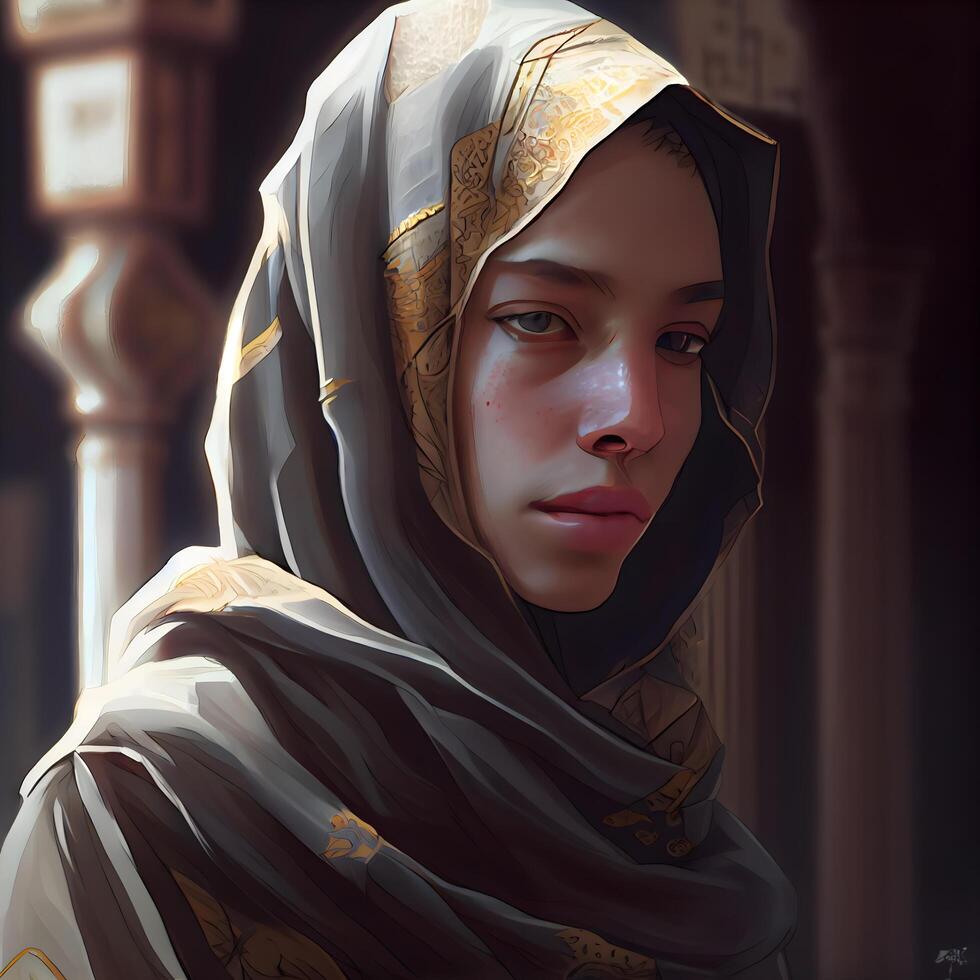 ritratto di un' bellissimo musulmano donna nel il moschea. 3d rendering, ai generativo Immagine foto