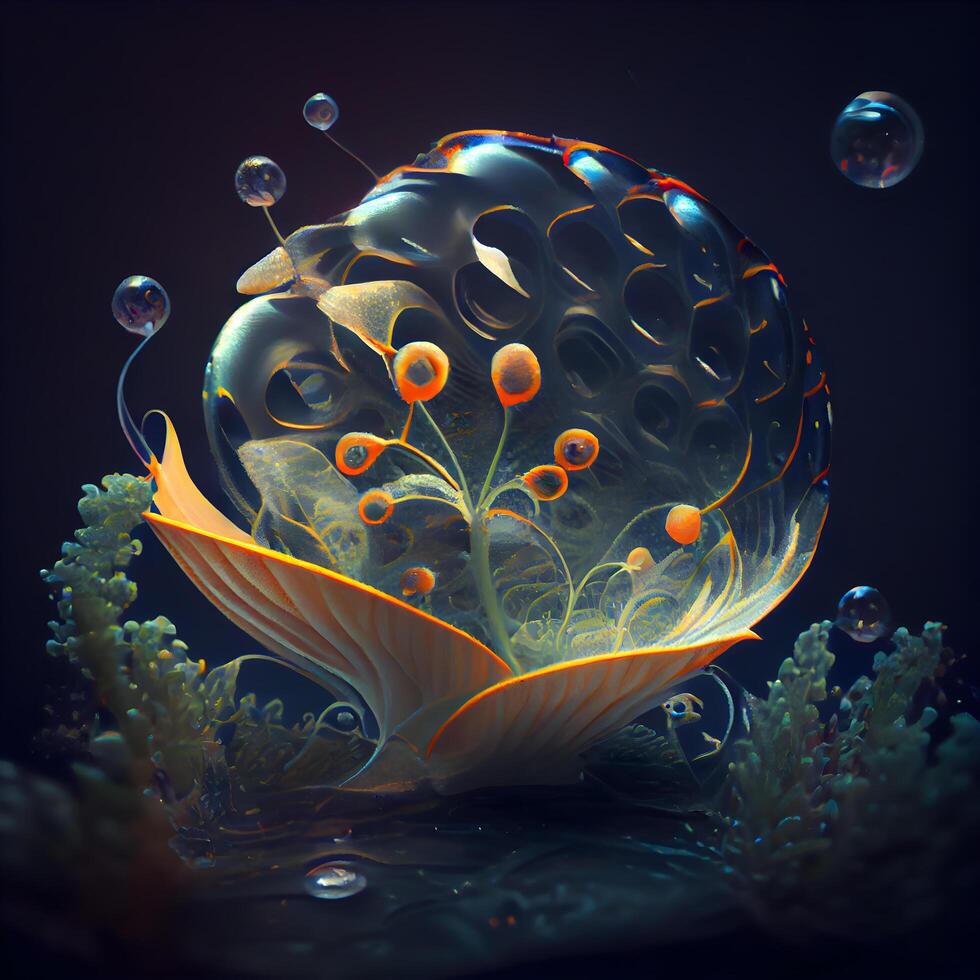 3d illustrazione di astratto frattale sfondo con sfere e floreale modello, ai generativo Immagine foto