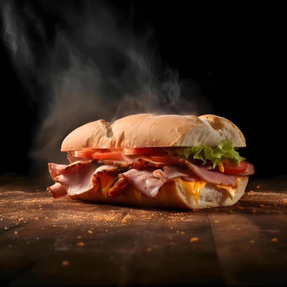 Sandwich con prosciutto, formaggio, pomodoro e lattuga su nero sfondo, ai generativo Immagine foto