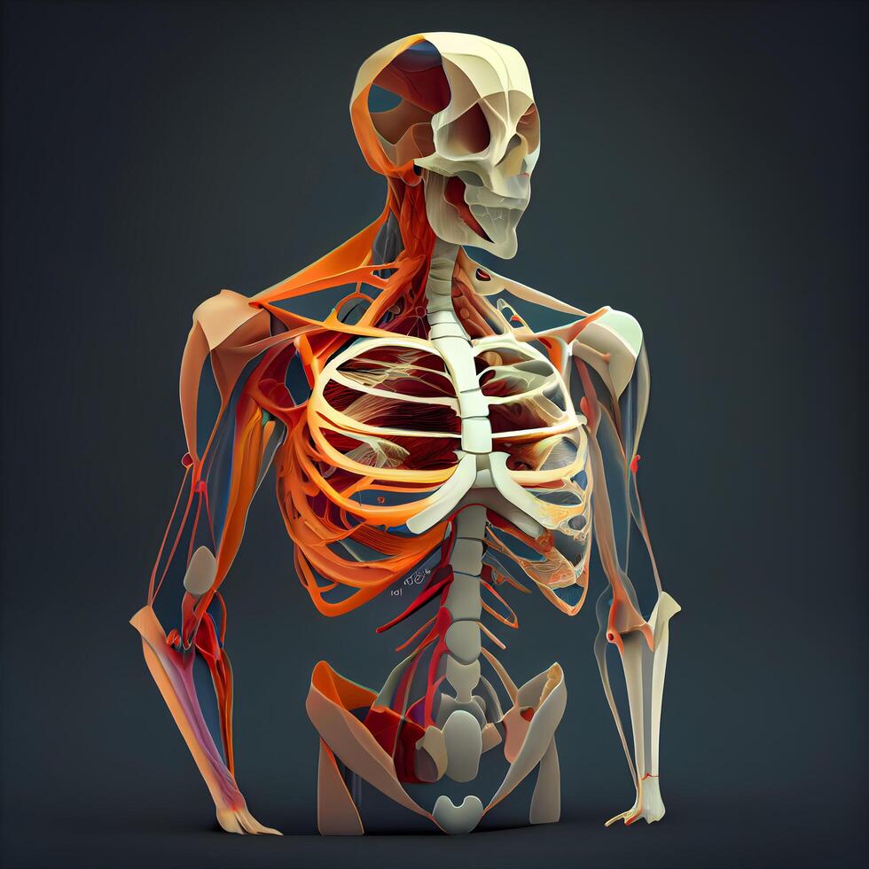 umano scheletro anatomia su buio sfondo. 3d illustrazione, 3d rendering, ai generativo Immagine foto