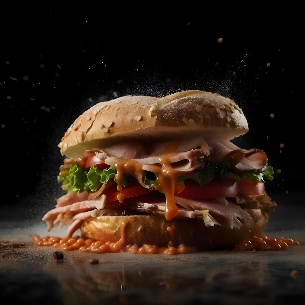 hamburger con volante ingredienti e spruzzi di salsa su buio sfondo, ai generativo Immagine foto