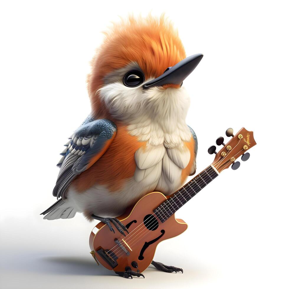 3d interpretazione di un' carino poco uccello con blu capelli giocando un' chitarra isolato su bianca sfondo, ai generativo Immagine foto