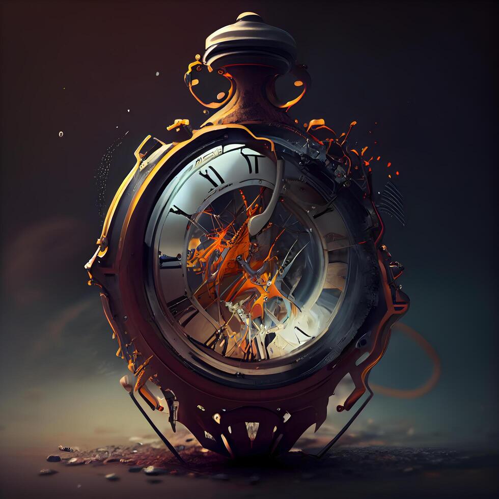 tempo concetto con orologio e Fumo su buio sfondo. 3d rendering, ai generativo Immagine foto