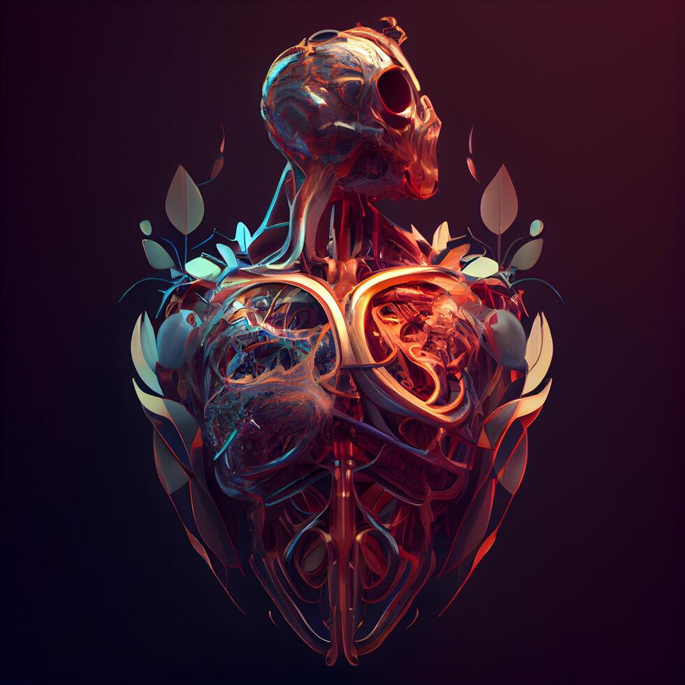 umano cuore con circolatorio sistema su nero sfondo. 3d illustrazione, ai generativo Immagine foto