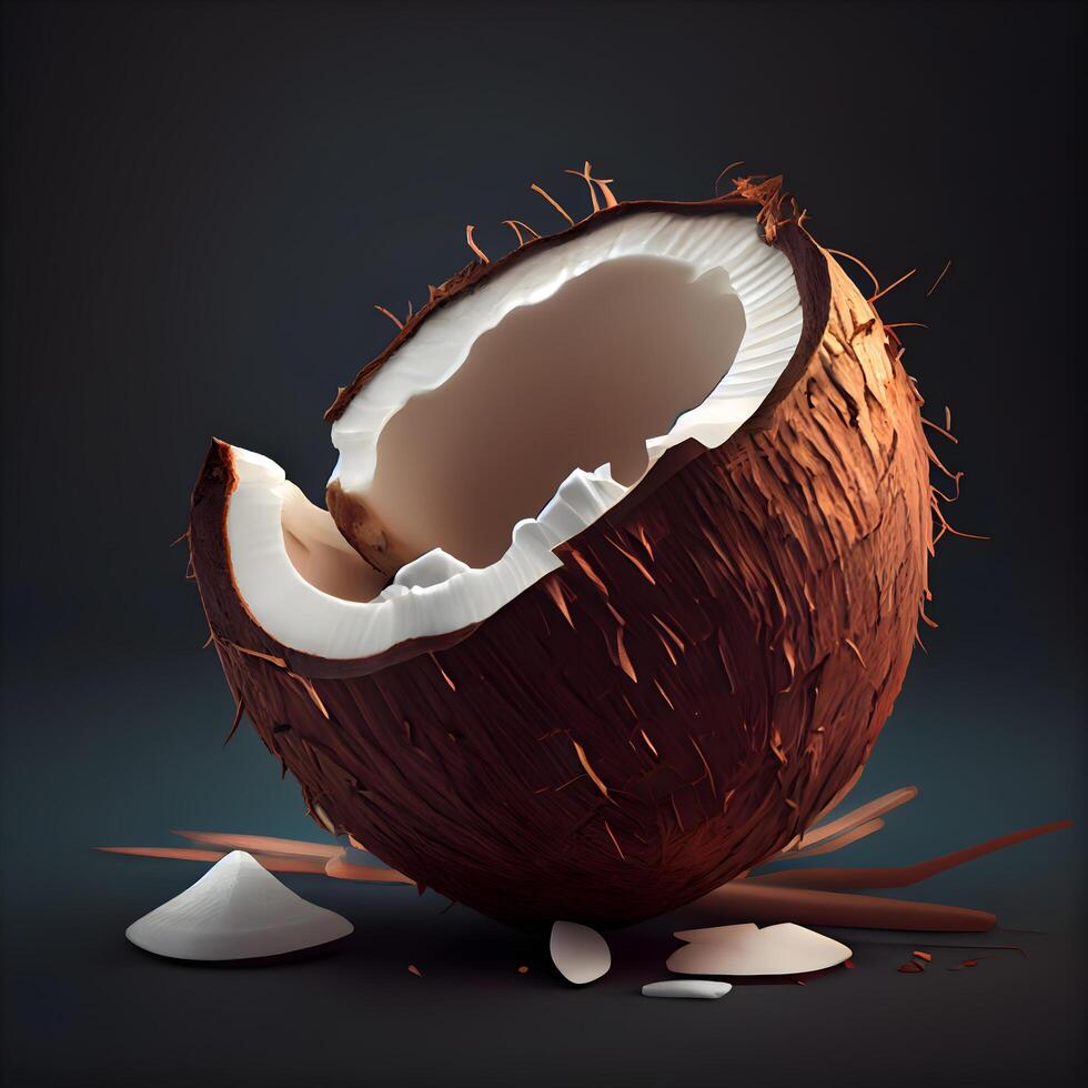 Noce di cocco latte nel un' bicchiere vaso e pezzi di Noce di cocco su un' di legno tavolo, ai generativo Immagine foto