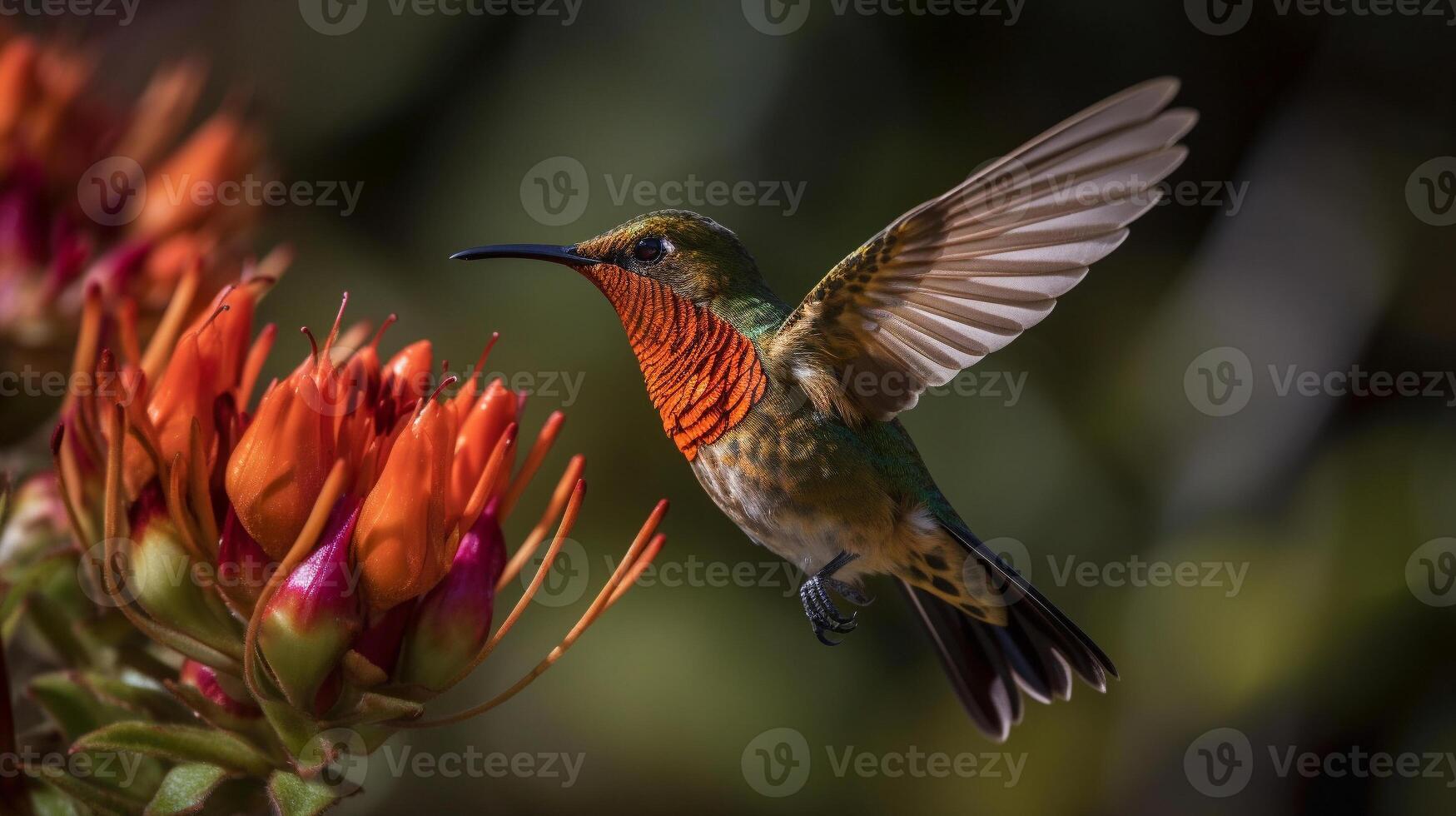 il bellissimo in via di estinzione ruvido colibrì - selasphorus rufus - generativo ai. foto