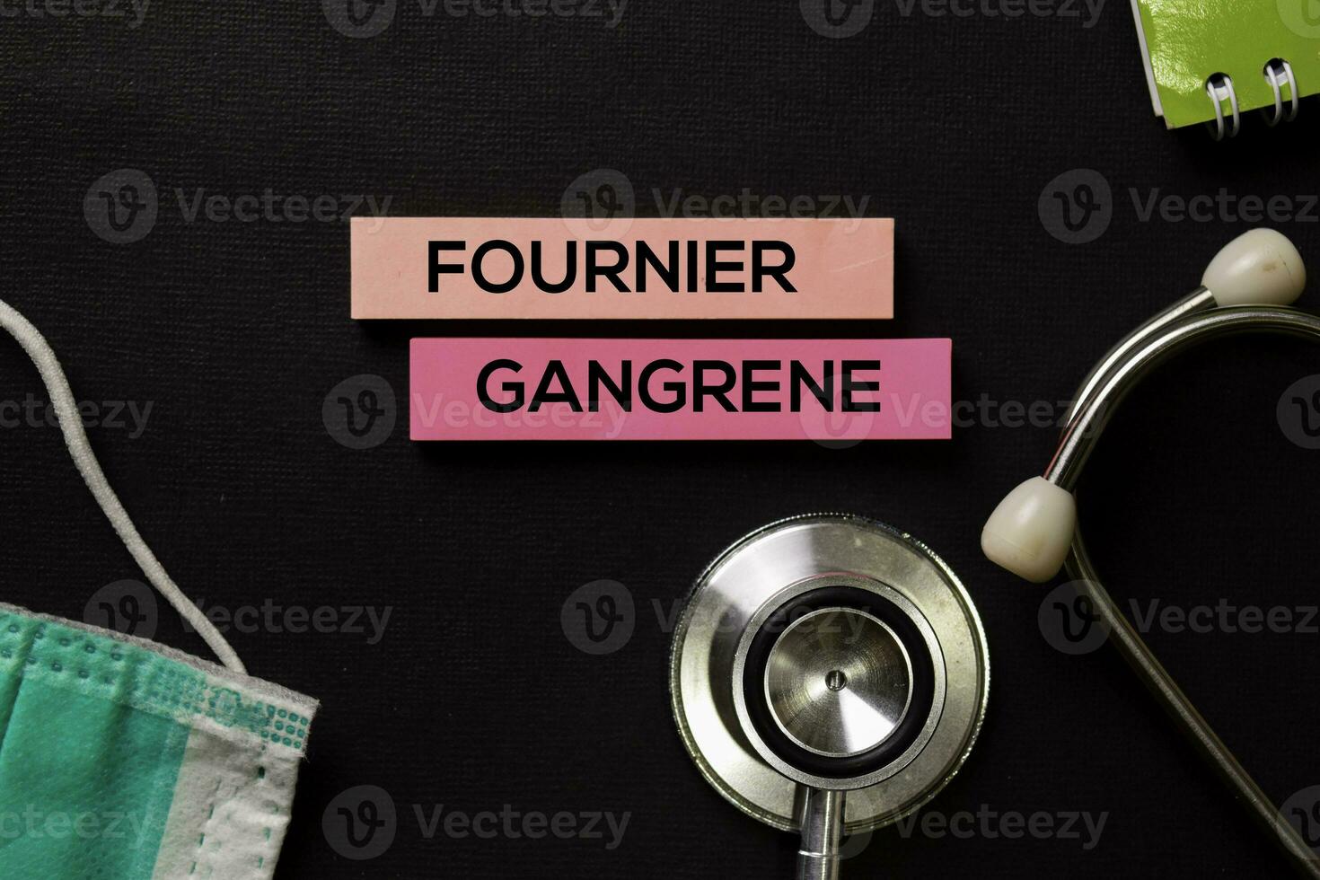 Fournier cancrena su superiore Visualizza nero tavolo e assistenza sanitaria medico concetto. foto