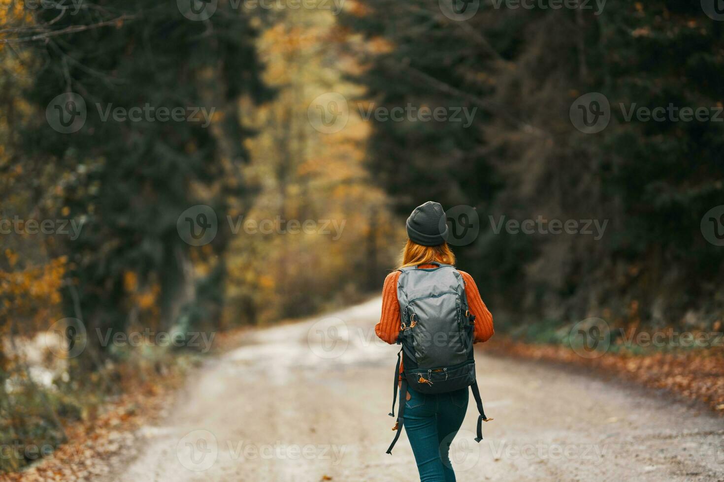 donna con un' zaino nel un' cappello e un arancia maglione su il strada nel il autunno foresta foto