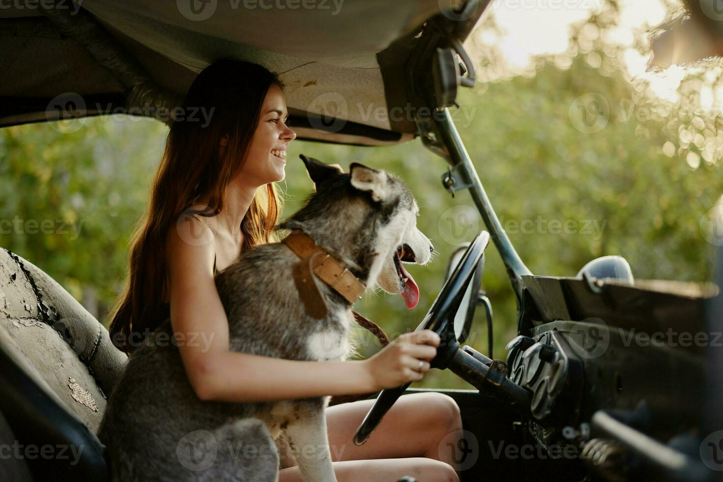 donna e sua rauco cane felicemente in viaggio nel auto Sorridi con denti autunno camminare con animale domestico, viaggio con cane amico foto