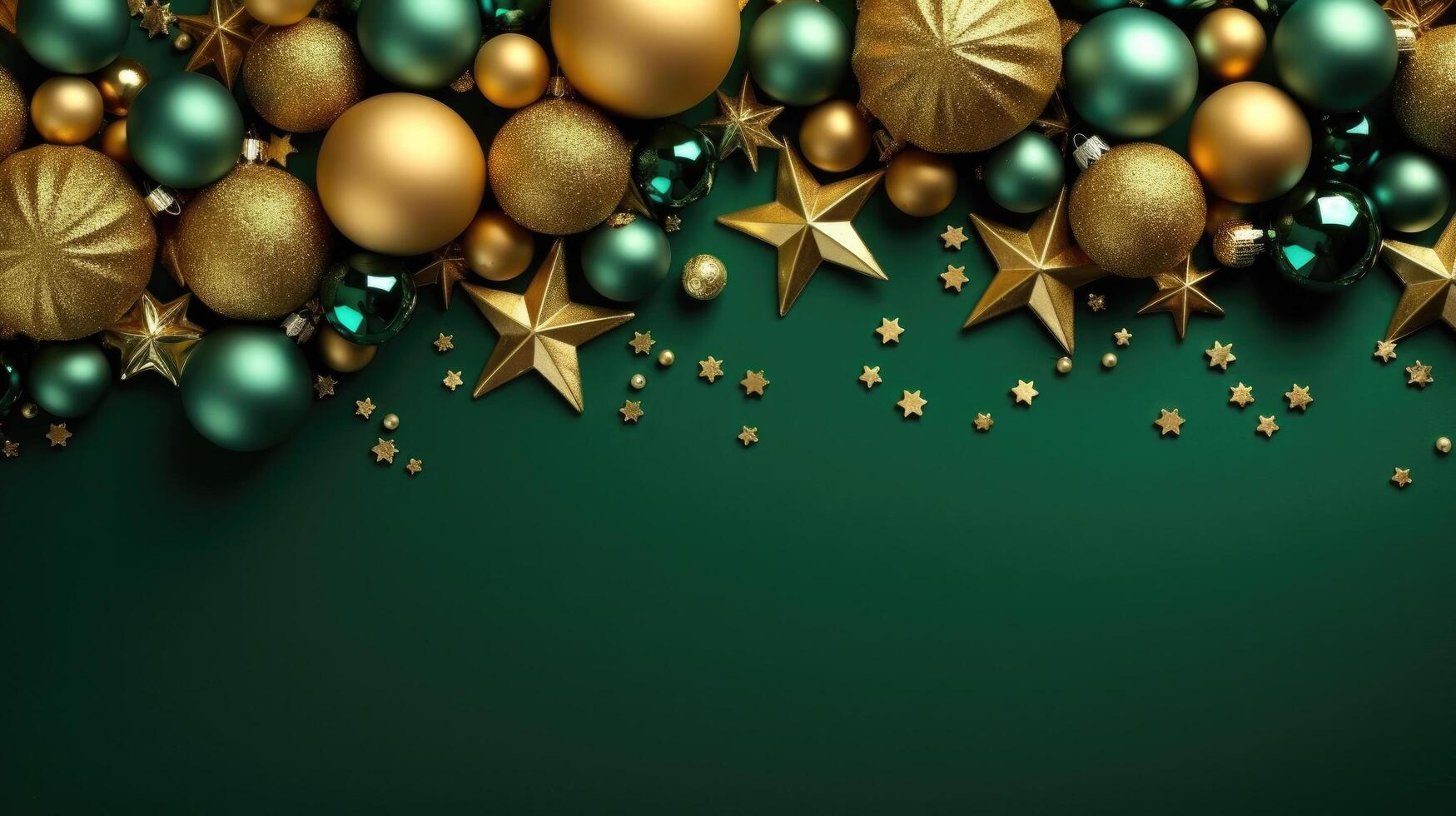 lusso Natale carta con realistico oro e verde palle. illustrazione ai generativo foto