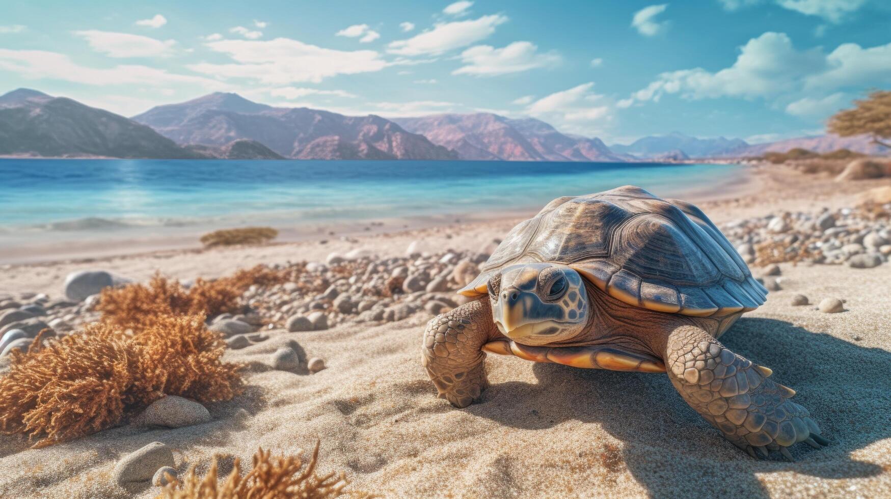 mare tartaruga strisciando su il sabbioso spiaggia. estate, blu cielo.. illustrazione ai generativo foto