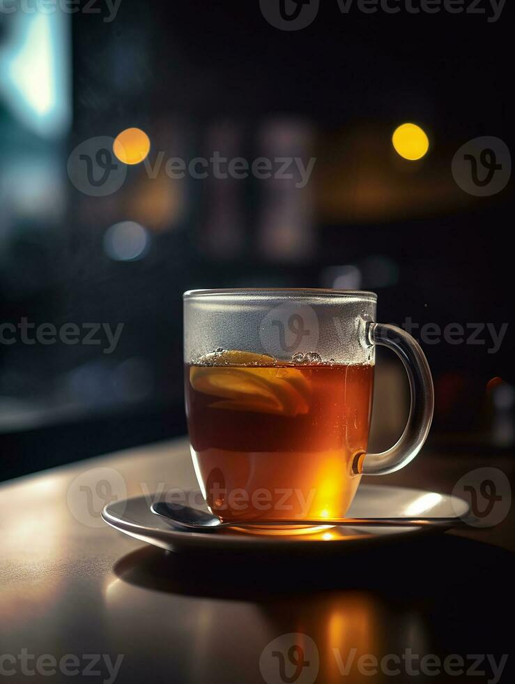 un' Limone tè tazza su il di legno tavolo a il bar. creare ai foto