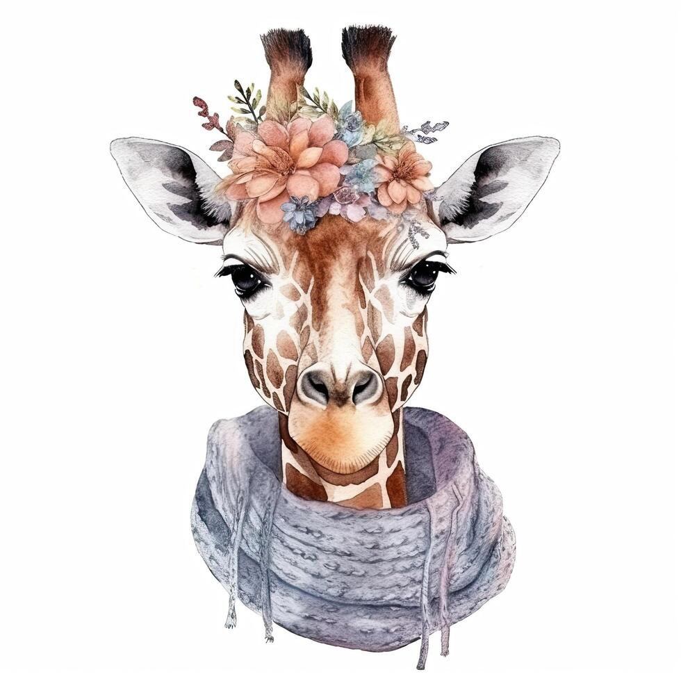 carino giraffa nel cappello con fiore. acquerello. illustrazione ai generativo foto