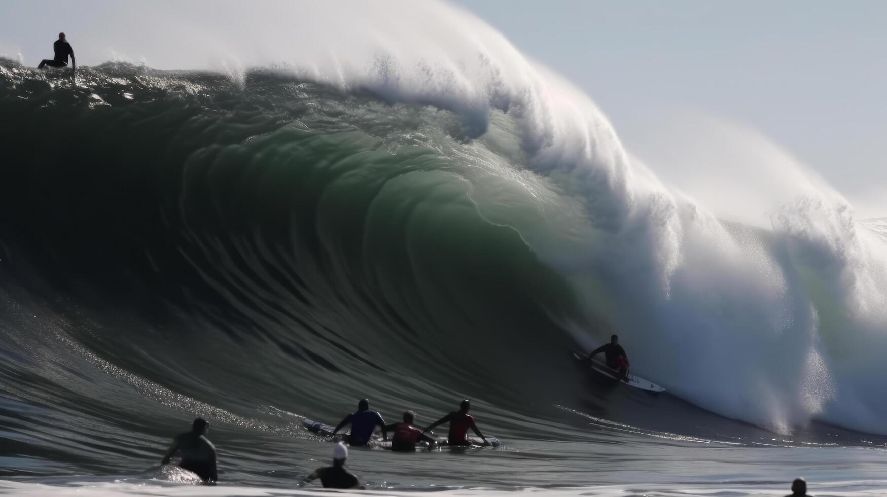 surfers e grande onde. illustrazione ai generativo foto