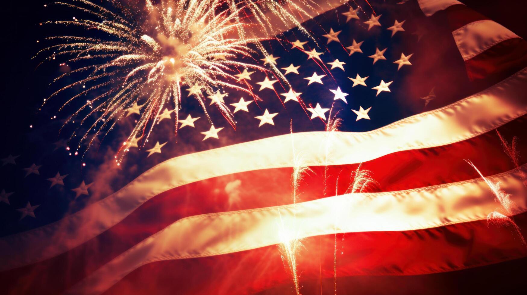Stati Uniti d'America vacanza sfondo con bandiera e fuochi d'artificio. illustrazione ai generativo foto