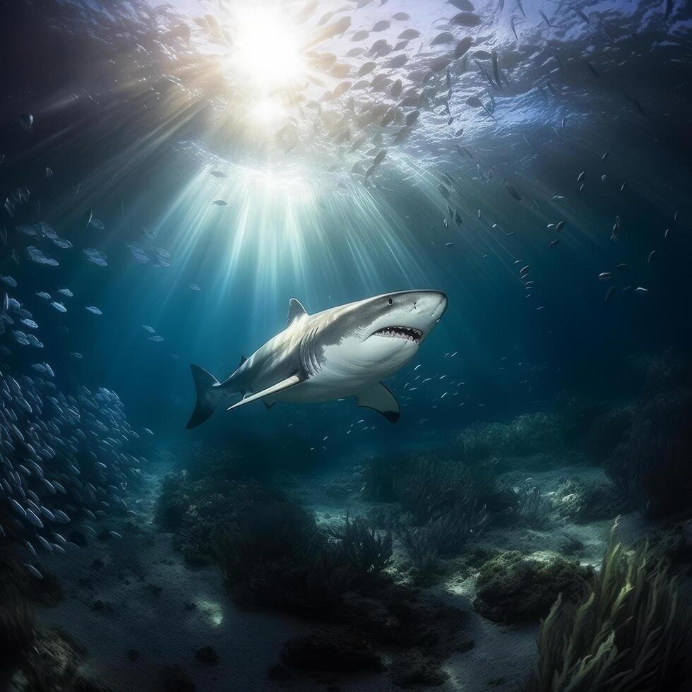 squalo sott'acqua. illustrazione ai generativo foto