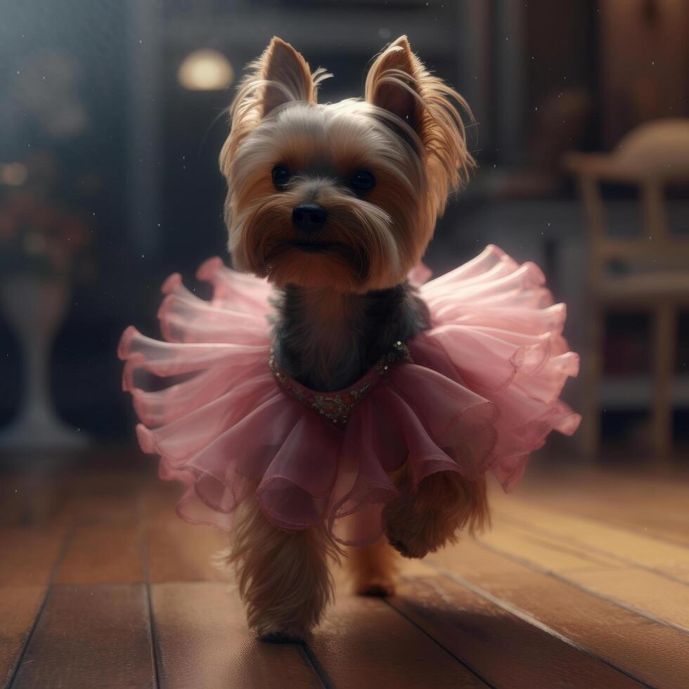 yorkshire terrier cane nel un' leggero rosa balletto gonna è danza piace un' ballerina,, illustrazione ai generativo foto