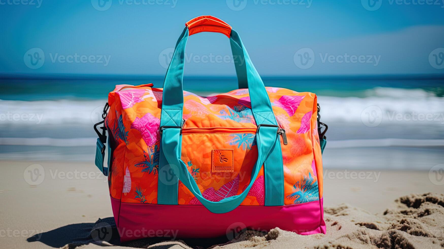 luminosa, colorato viaggio Borsa su un' spiaggia. generato ai. foto