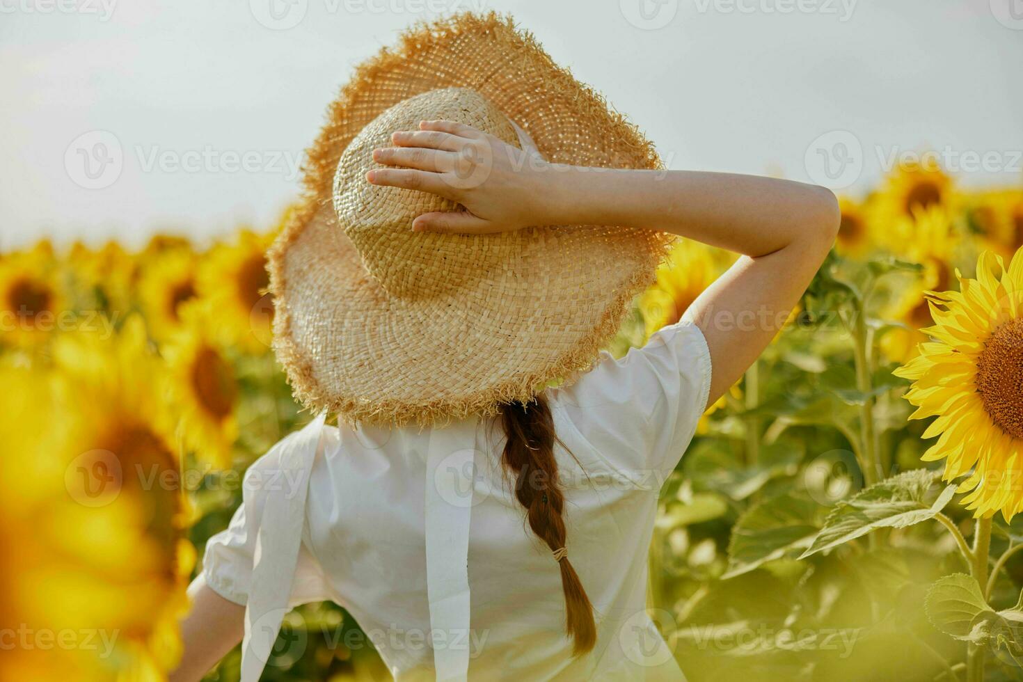 donna con trecce nel un' cannuccia cappello nel un' bianca vestito un' campo di girasoli agricoltura campagna foto