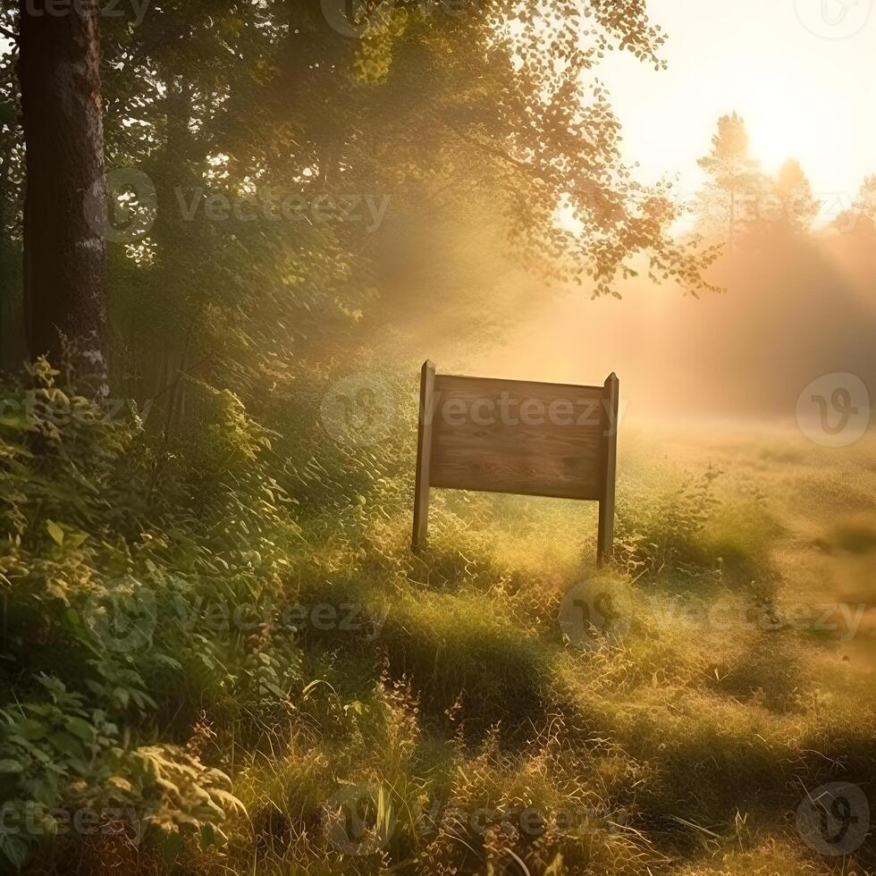 vuoto di legno cartello su bordo di foresta su estate ,generativo ai foto