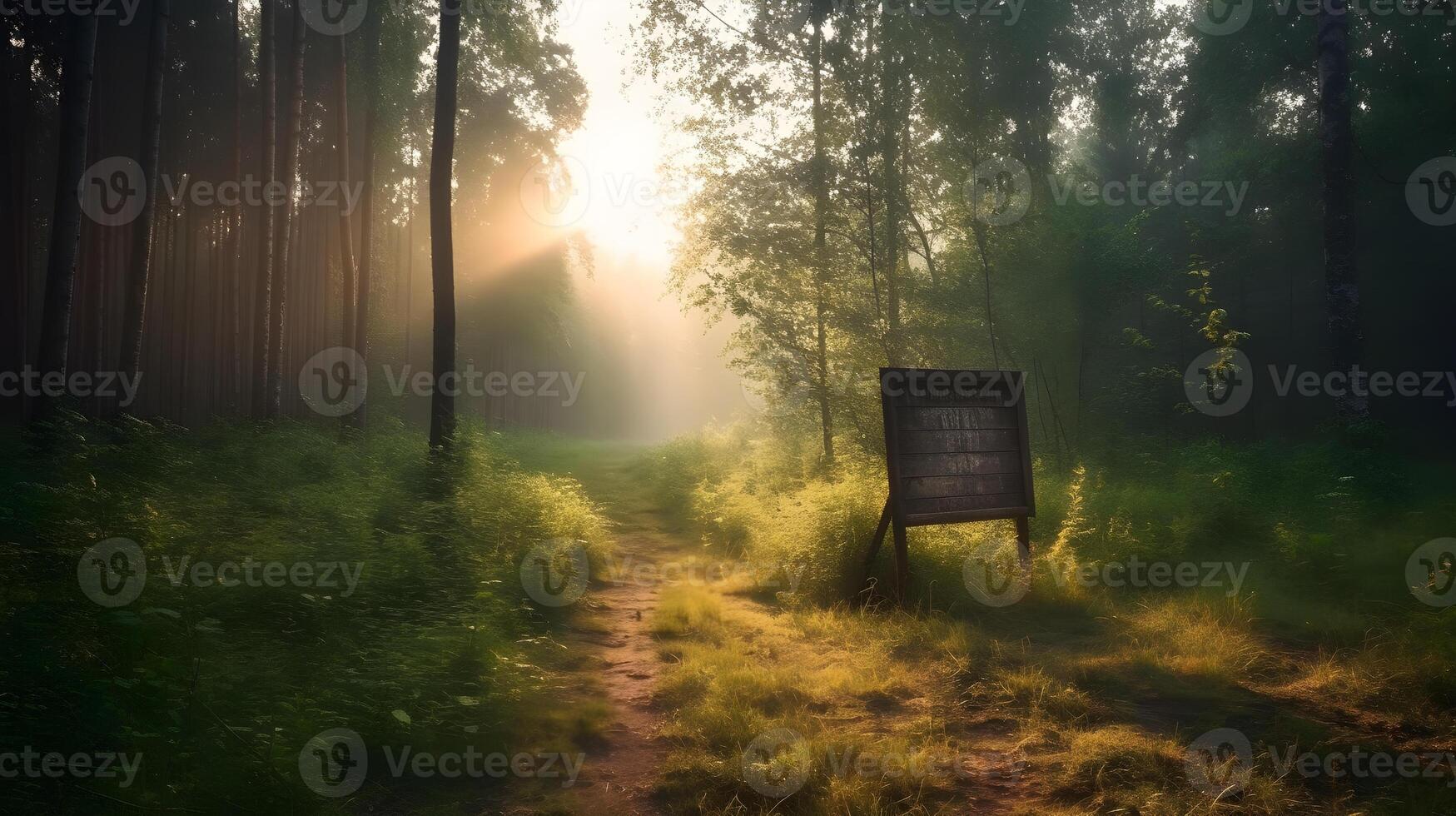 vuoto di legno cartello su bordo di foresta su estate ,generativo ai foto