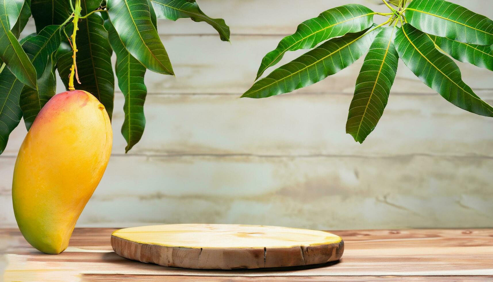 Mango frutta sospeso su un' albero con un' rustico di legno tavolo foto