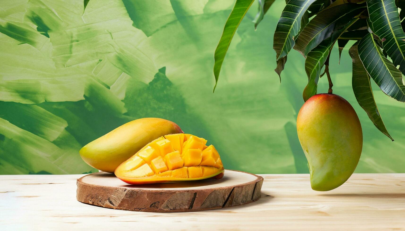 Mango frutta sospeso su un' albero con un' rustico di legno tavolo foto