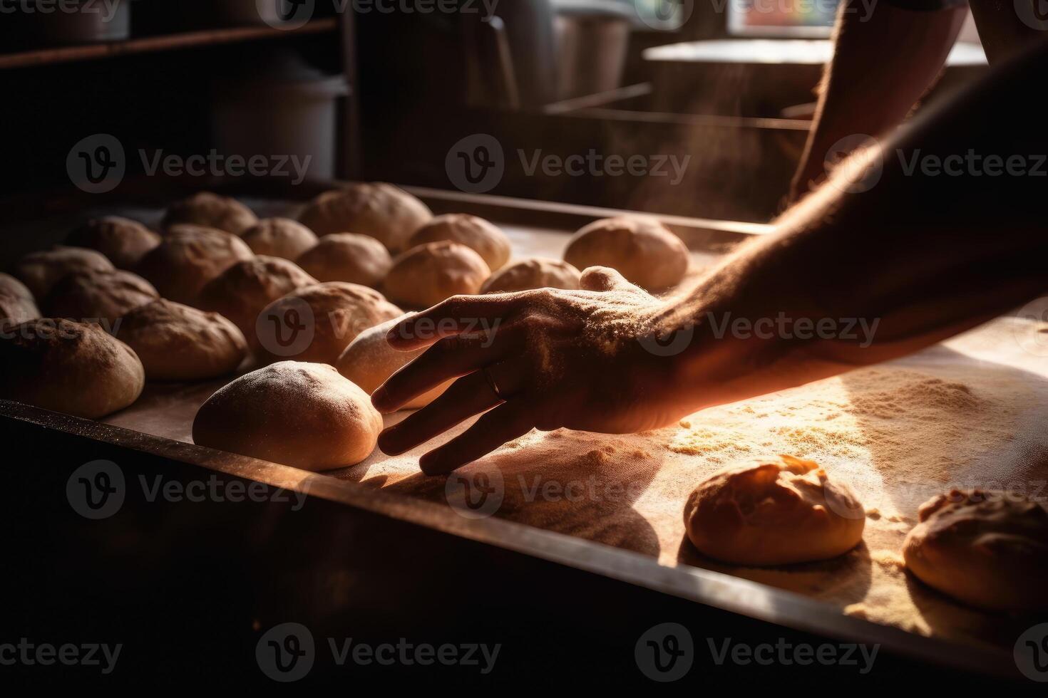 un' del fornaio mano con appena al forno pane nel un' rurale forno. ai generato foto