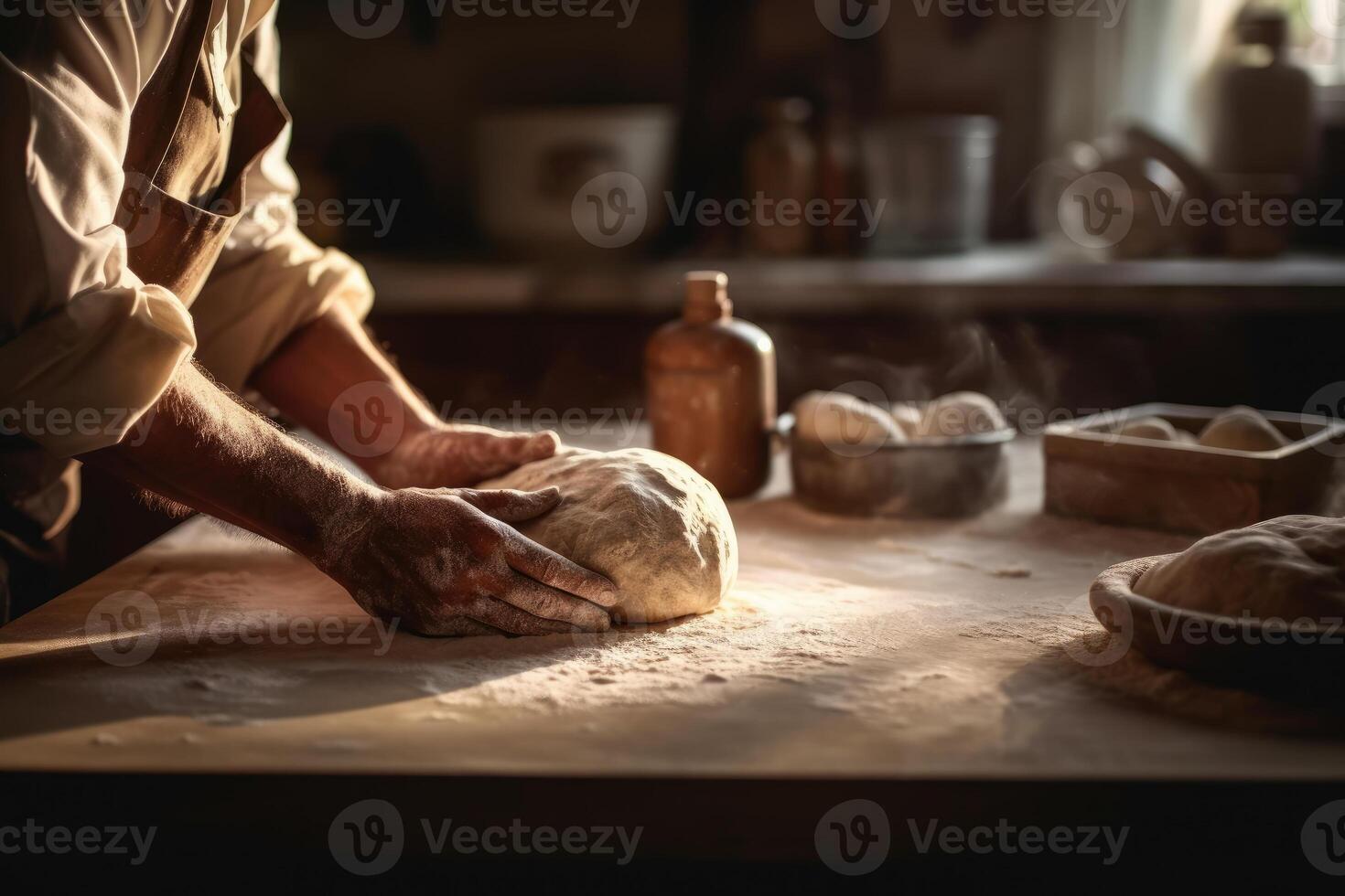 panettiere impasta Impasto su un' ricoperto di farina tavolo. ai generato foto