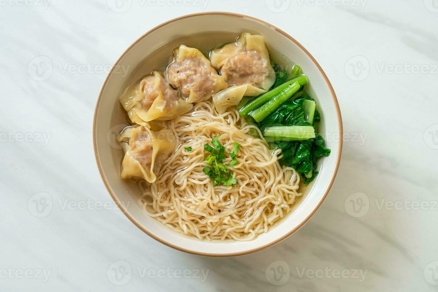 pasta all'uovo con zuppa di fagottini di maiale o zuppa di canederli di maiale e verdure foto