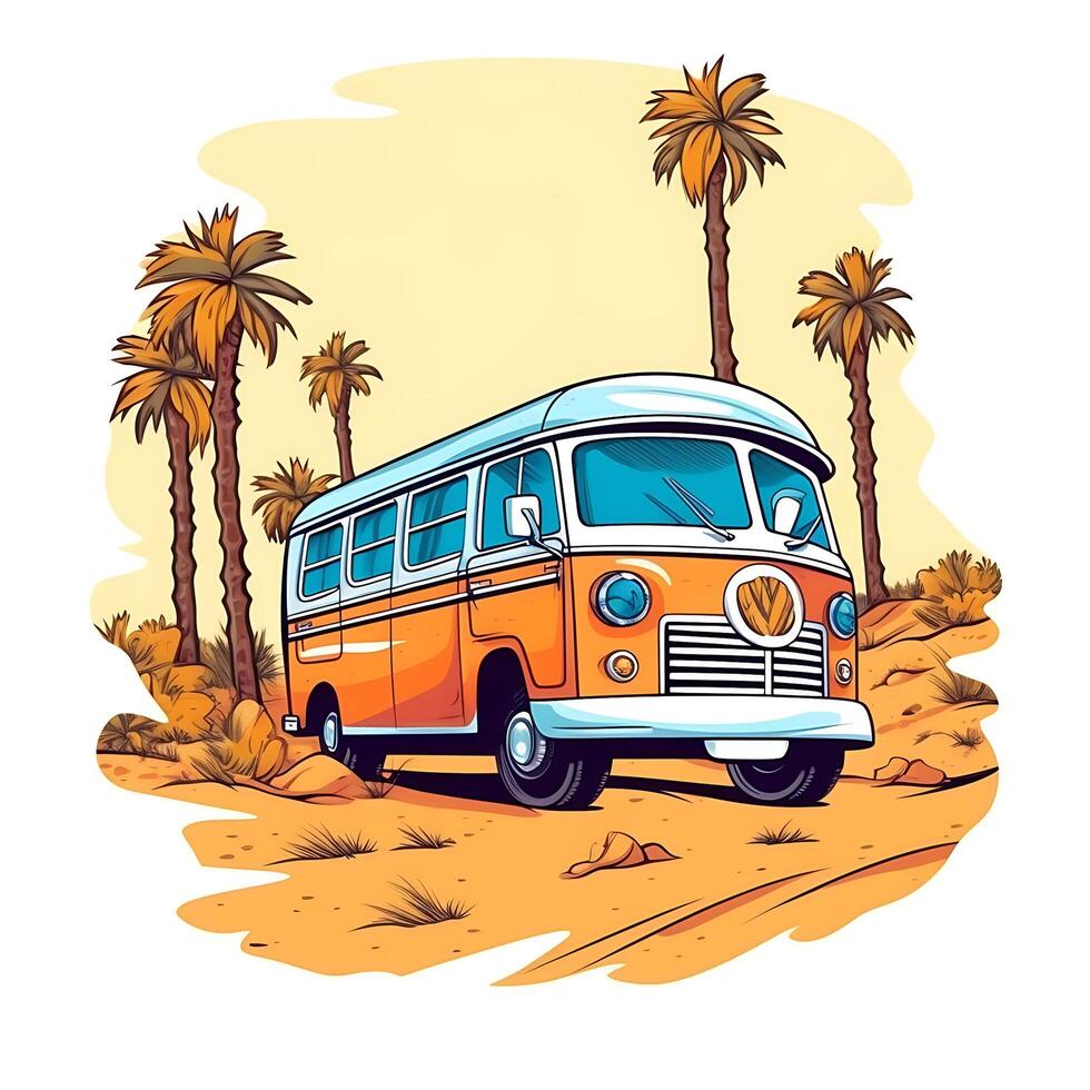illustrazione di un' autobus quello è nel il deserto con bianca sfondo generativo ai foto