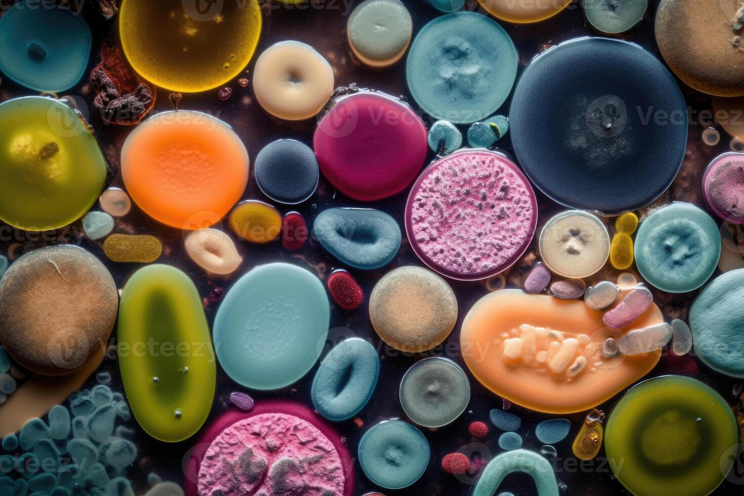 colorato varietà di microrganismo dentro petri piatto piatto nel laboratorio con super macro Ingrandisci sfondo, Compreso di batteri, protozoi, alghe, e fungo, con generativo ai. foto