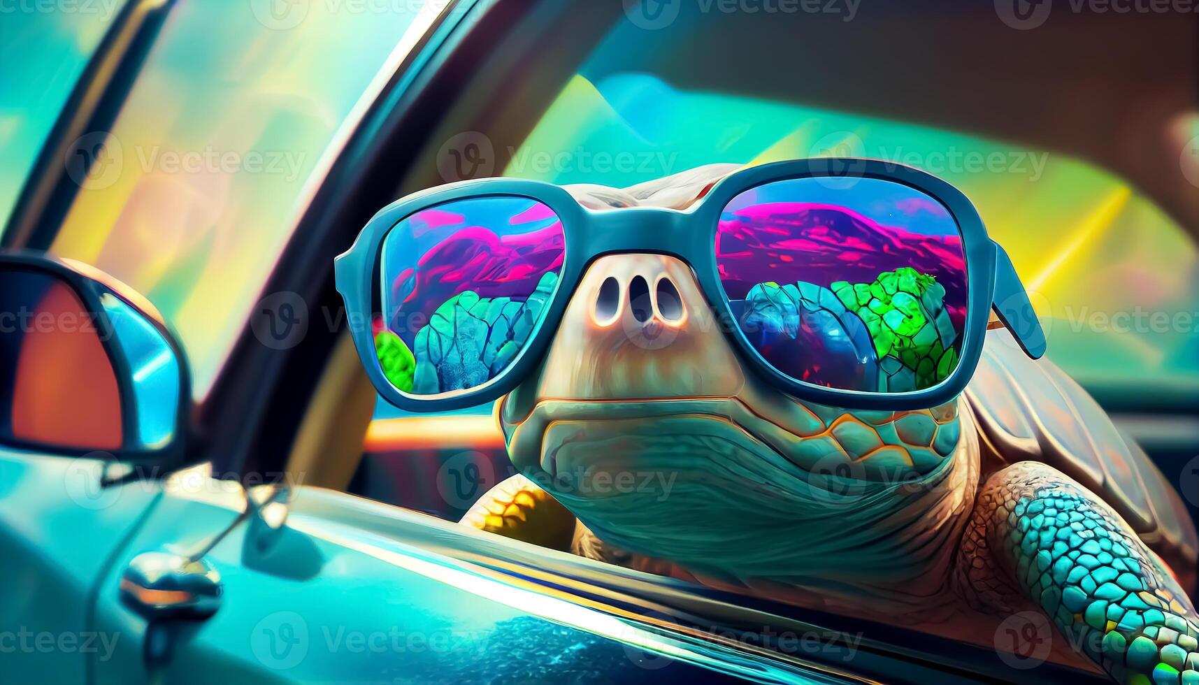 freddo tartaruga occhiali da sole guardare con colorato estate background.generative ai foto
