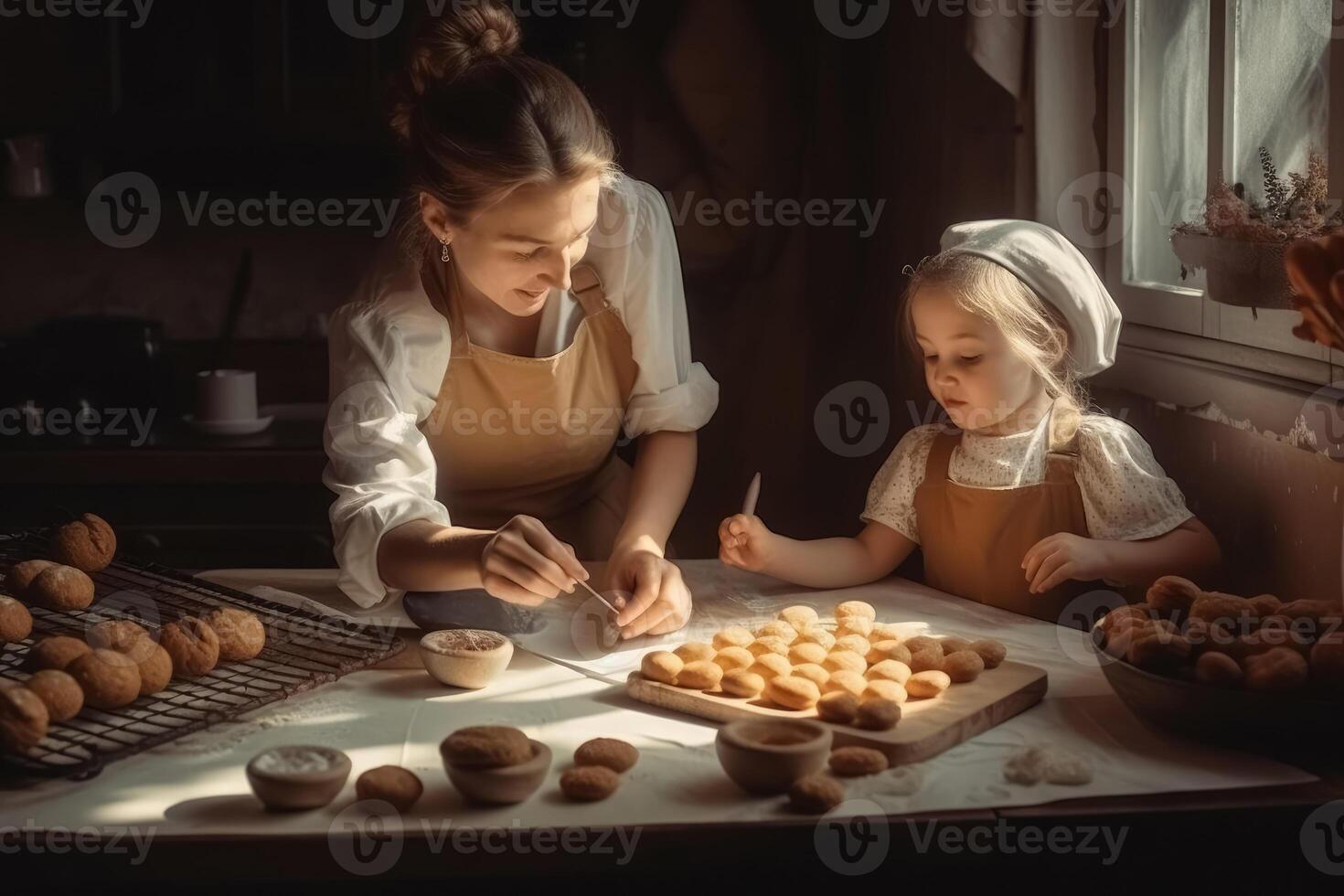 un' madre cottura al forno con bambini nel luminosa cucina creato con generativo ai tecnologia. foto