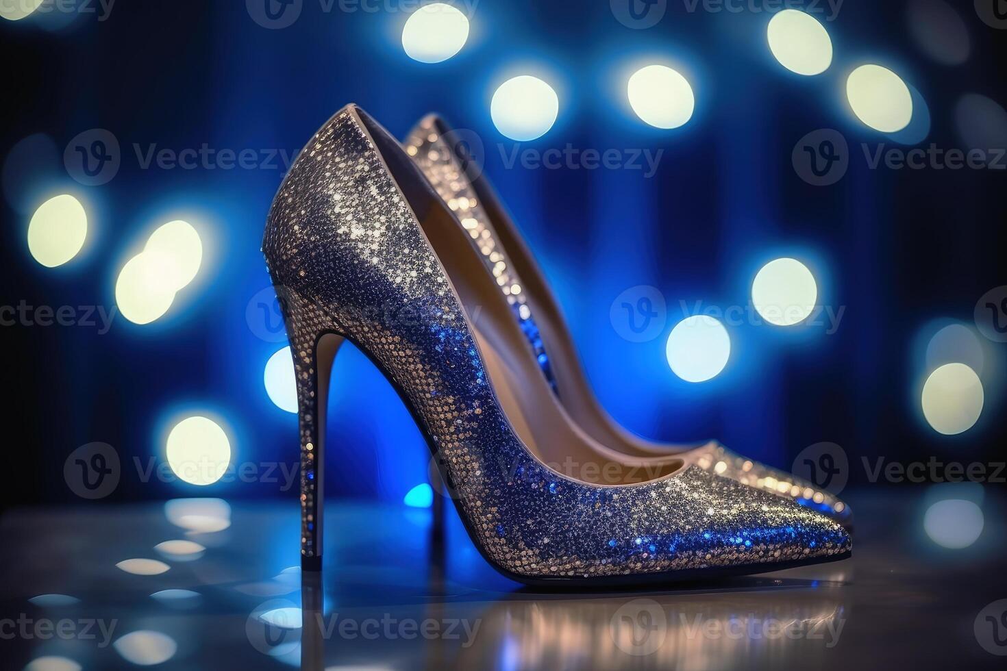 elegante alto tacco scarpe con luccichio e bokeh luci creato con generativo ai tecnologia. foto