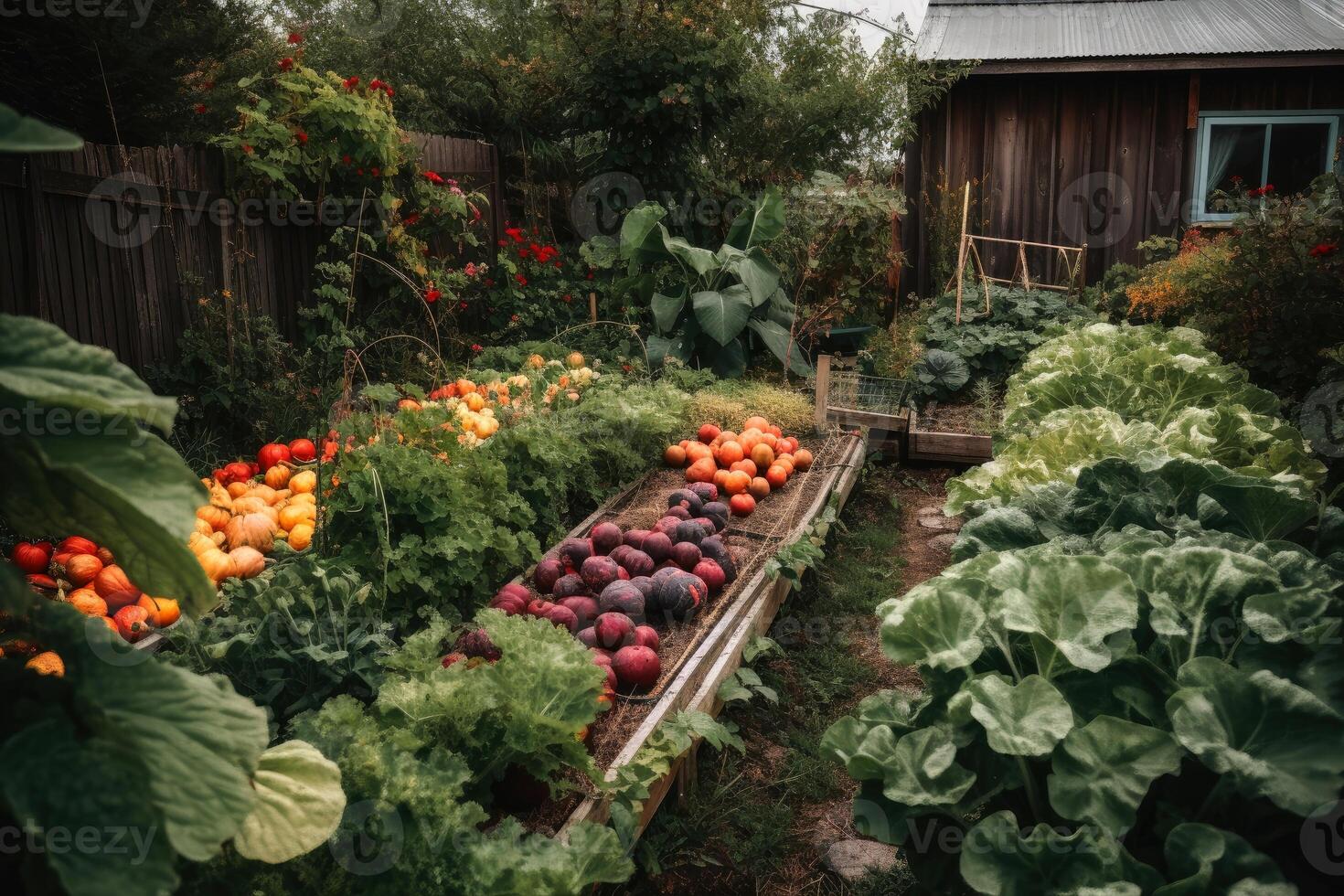 un' verdura giardino con molte di frutta creato con generativo ai tecnologia. foto