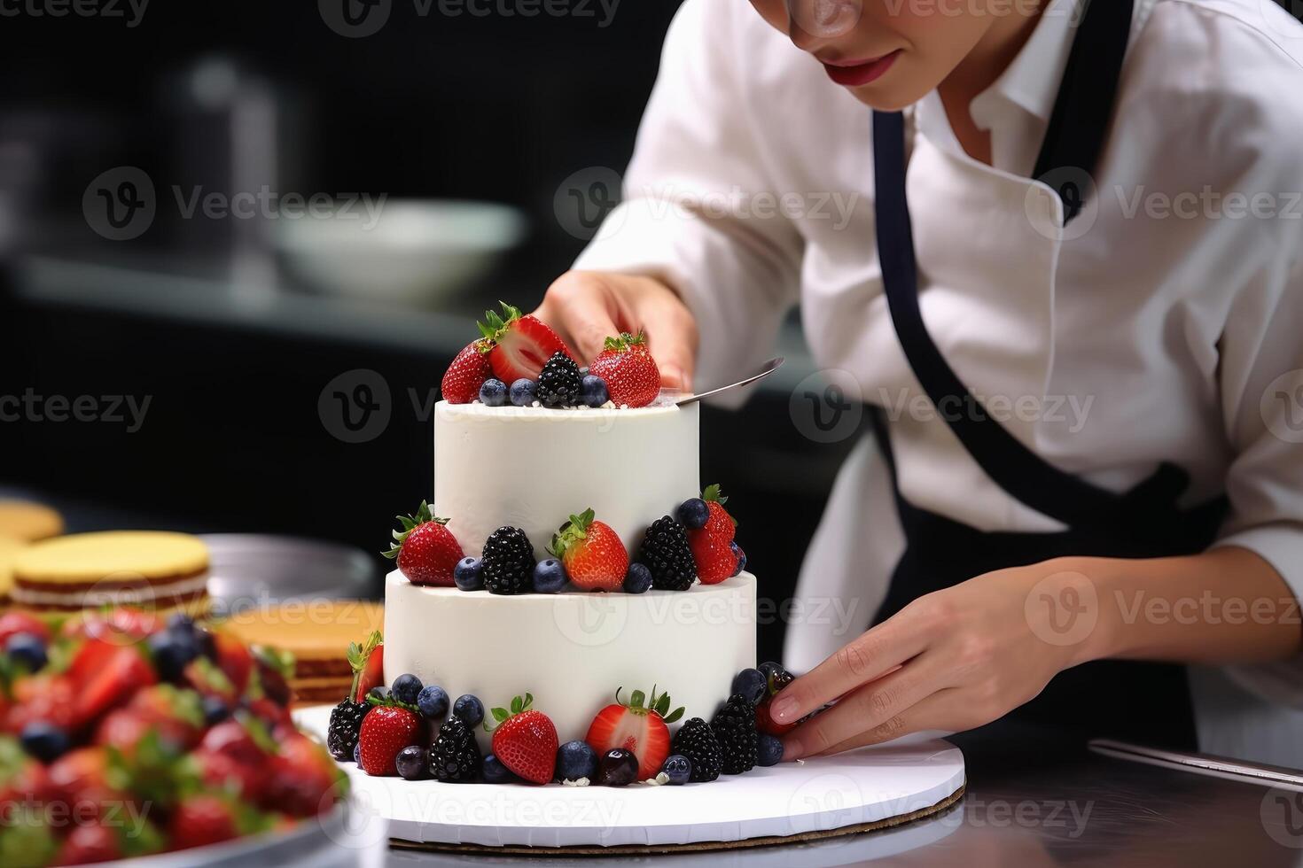 un' Pasticcino capocuoco fabbricazione un' torta creato con generativo ai tecnologia. foto