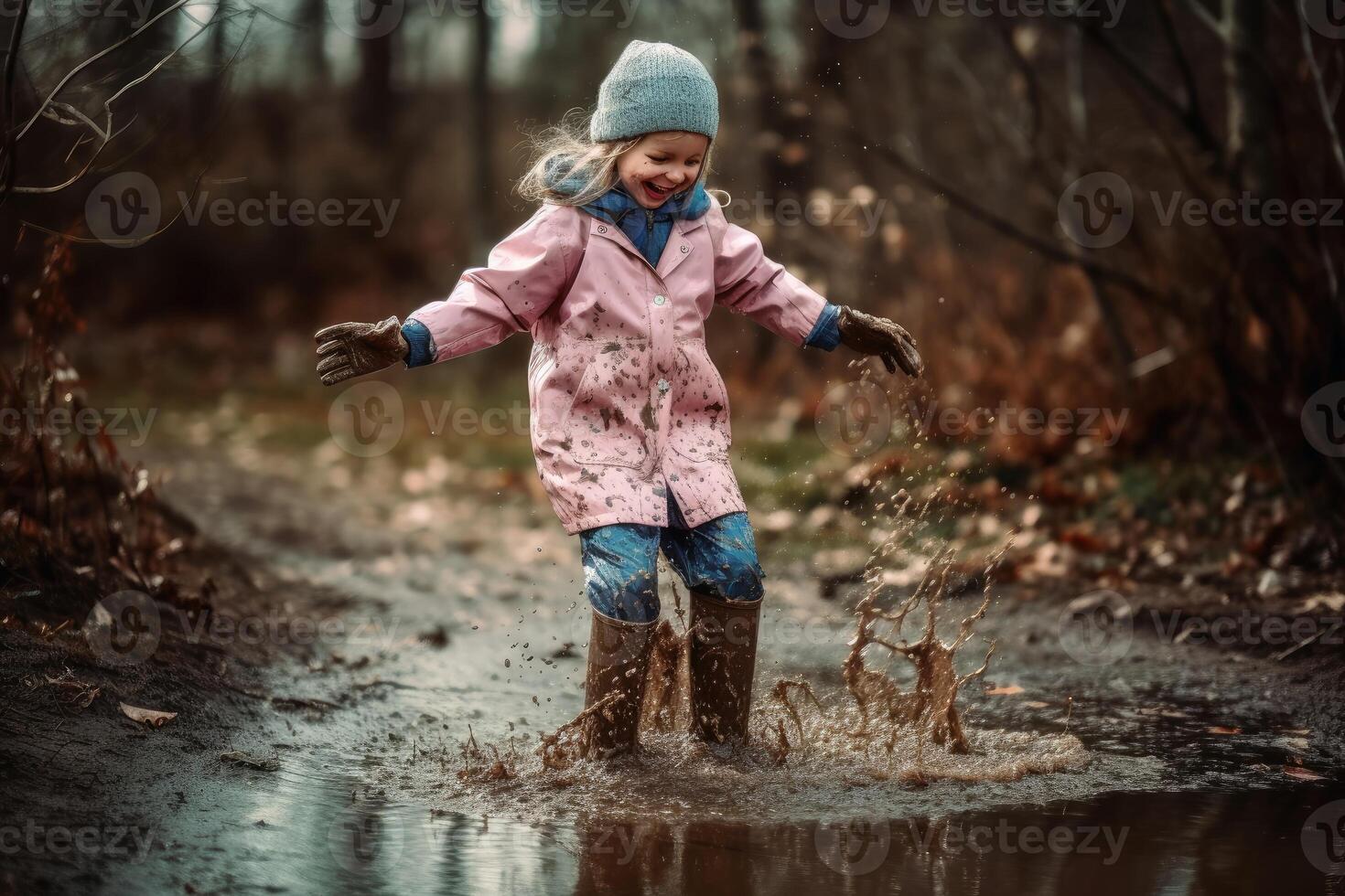 contento poco ragazza salti nel un' pozzanghera con gomma da cancellare stivali creato con generativo ai tecnologia. foto