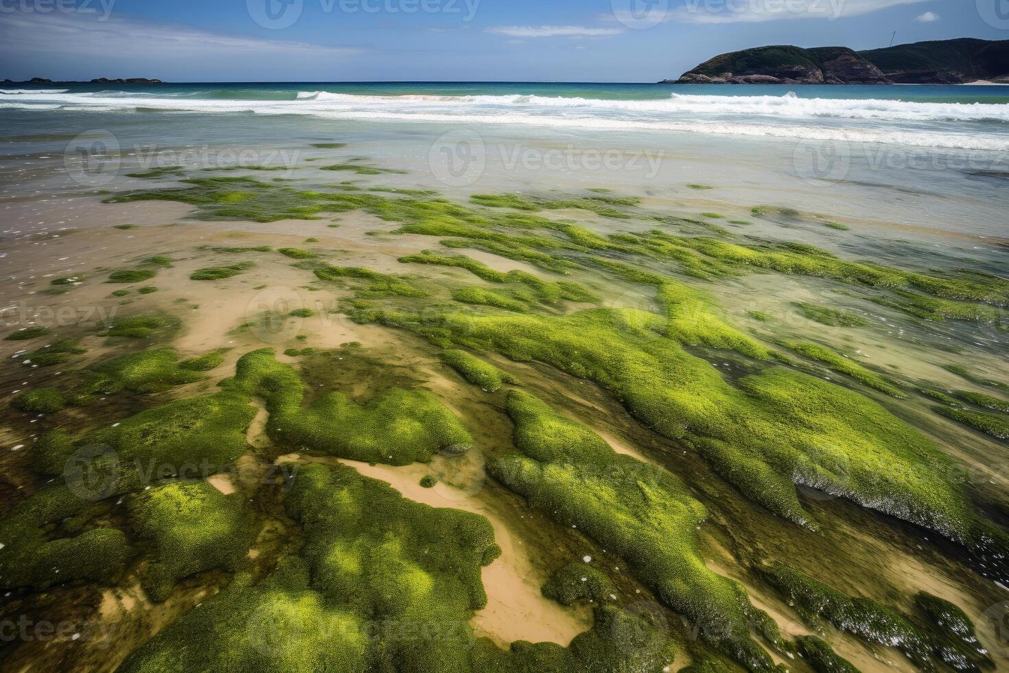 un' peste di alghe su un' bellissimo spiaggia creato con generativo ai tecnologia. foto