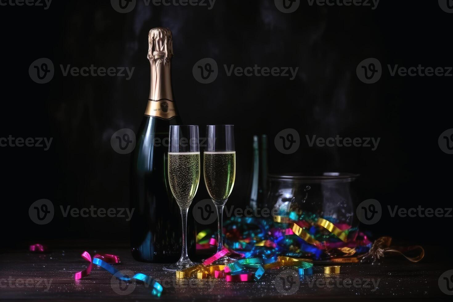 Champagne bicchieri e colorato filanti e luccichio coriandoli su un' contento nuovo anno sfondo creato con generativo ai tecnologia. foto