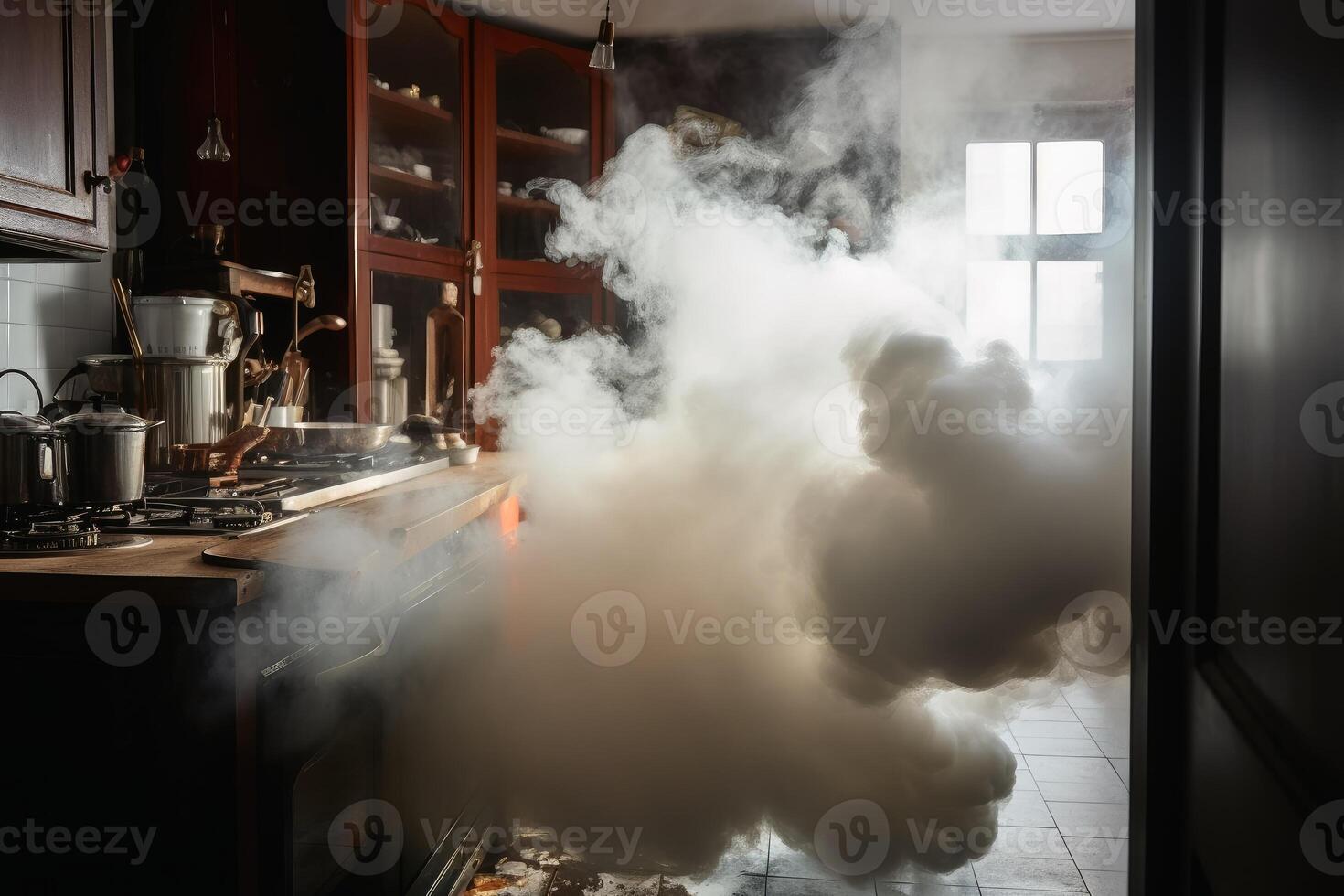 Fumo e fuoco durante un incidente nel un' cucina creato con generativo ai tecnologia. foto