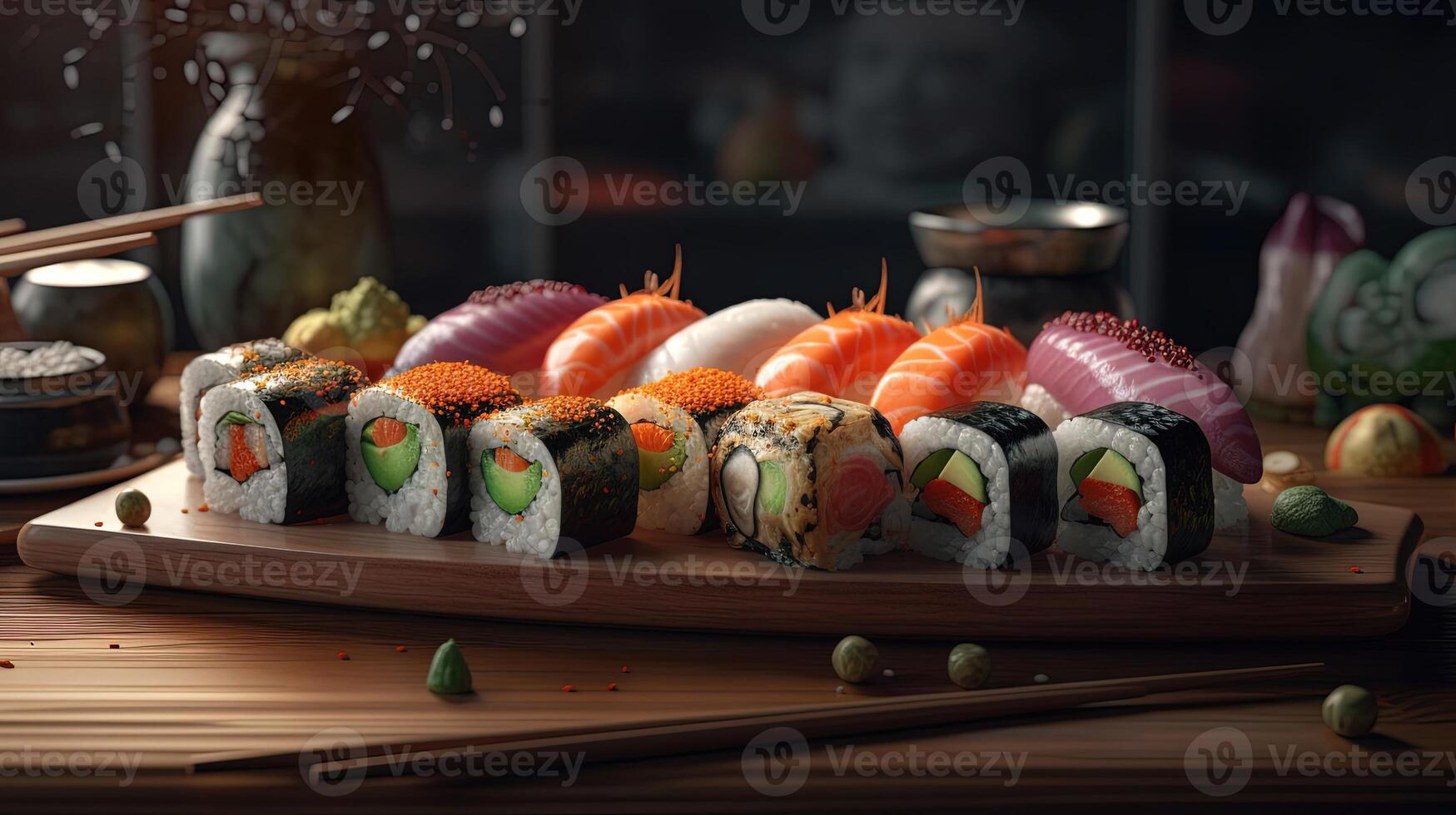 Sushi rotoli nel un' caldo e invitante ambientazione. isolato su un' accogliente sfondo. grande per il tuo menù, cibo, o culinario illustrazioni. generativo ai. foto