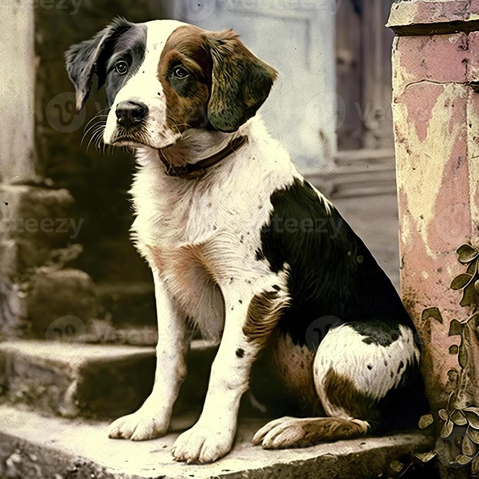 ai generato. ai generativo. foto realistico vecchio Vintage ▾ retrò foto illustrazione di animale domestico carino cane. mano colorato fotografia. grafico arte