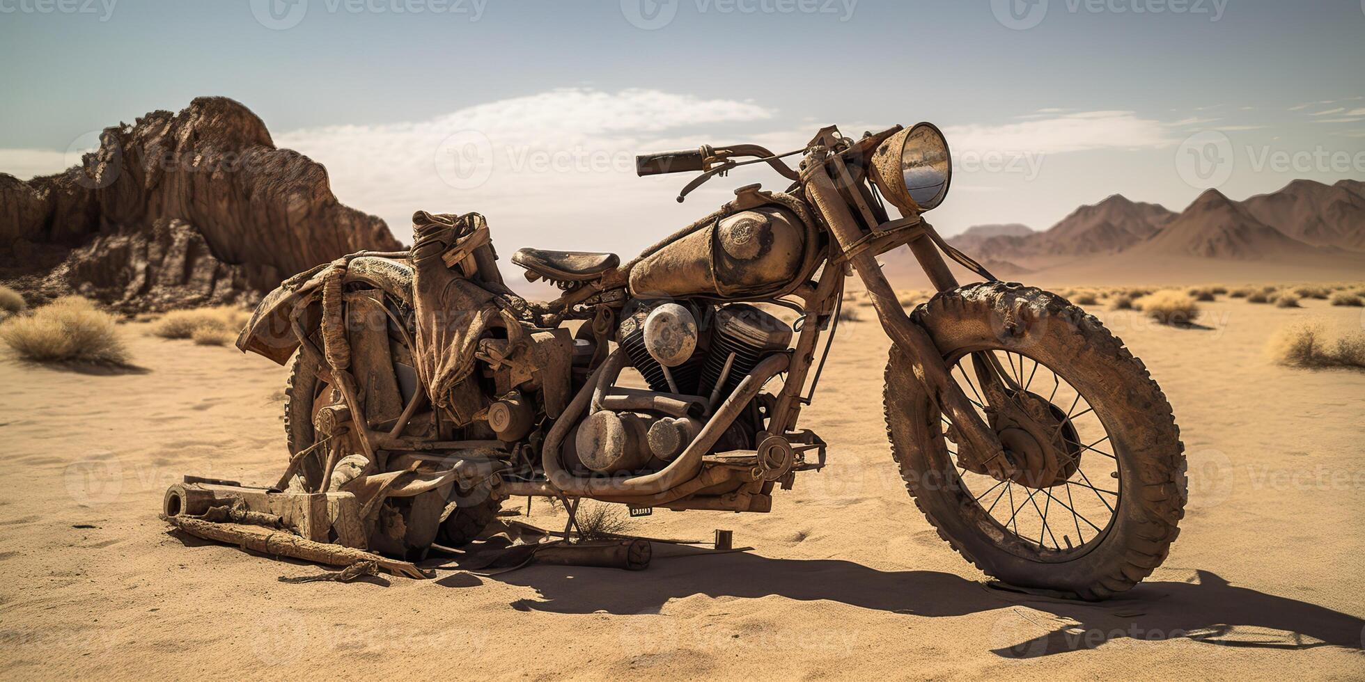 ai generato. ai generativo. vecchio Vintage ▾ retrò brutale il motore bicicletta nel deserto strada. pazzo max film ispirato. avventura Esplorare viaggio vibrazione. grafico arte foto