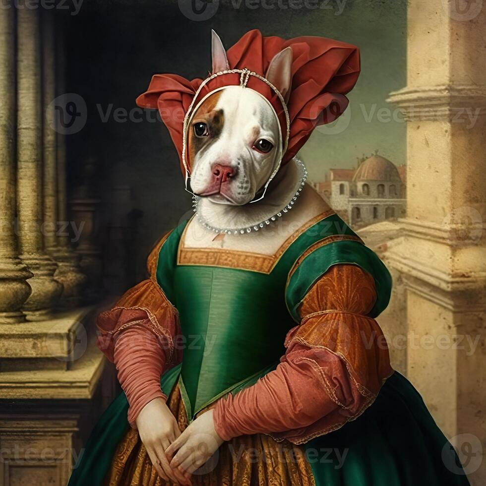 ai generato. ai generativo. foto realistico illustrazione di carino francese bulldog Frenchie cane nel storia Rinascimento stoffa costume. grafico arte